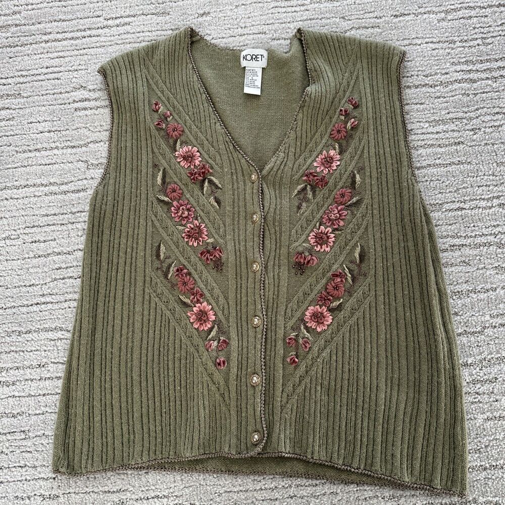 Koret Vintage Sweater Vest Women’s Size Large Green Flower Floral Acrylic Nylon - Picture 9 of 14